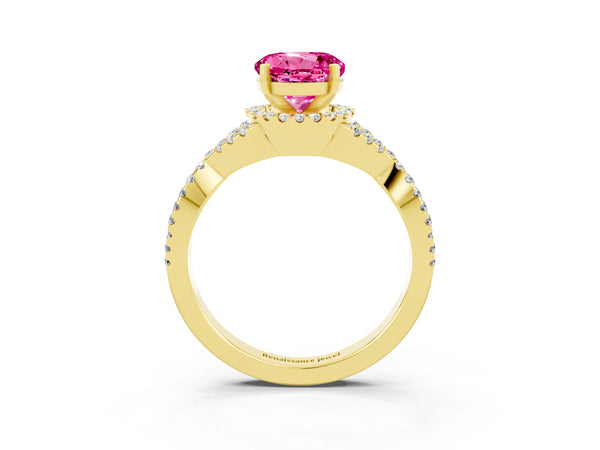 Yellow gold Round Cut Pink Sapphire  Halo Twist Band Solitaire Prong Setting Ring