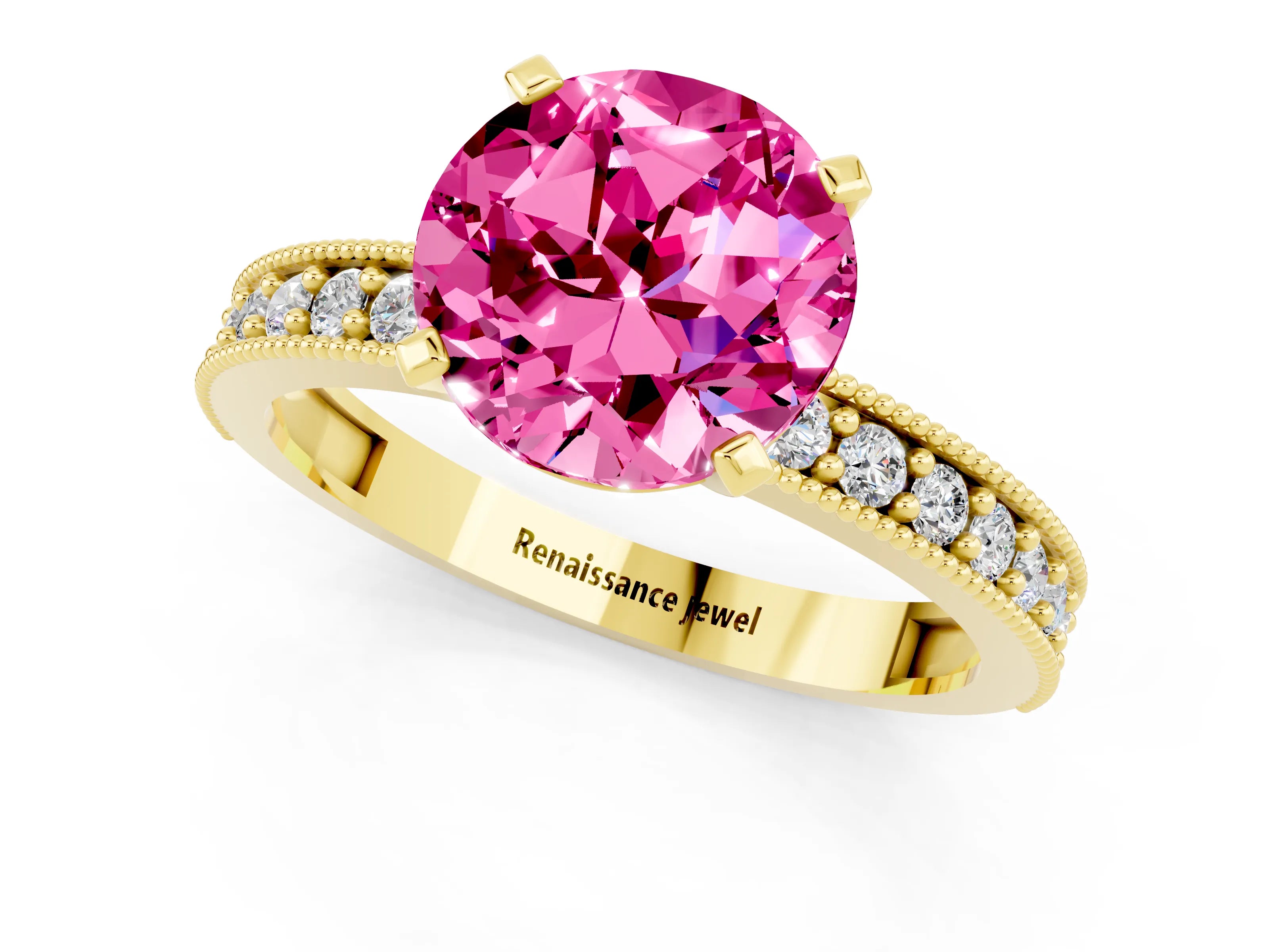 Yellow gold Round Cut Pink Sapphire Milgrain Pavé Engagement Ring with Four-Prong Setting_25