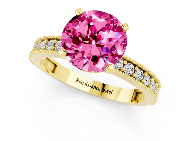 Yellow gold Round Cut Pink Sapphire Milgrain Pavé Engagement Ring with Four-Prong Setting
