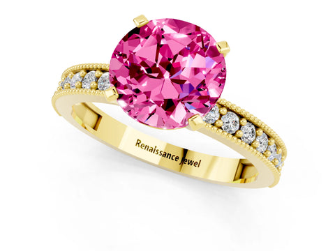 Yellow gold Round Cut Pink Sapphire Milgrain Pavé Engagement Ring with Four-Prong Setting_25