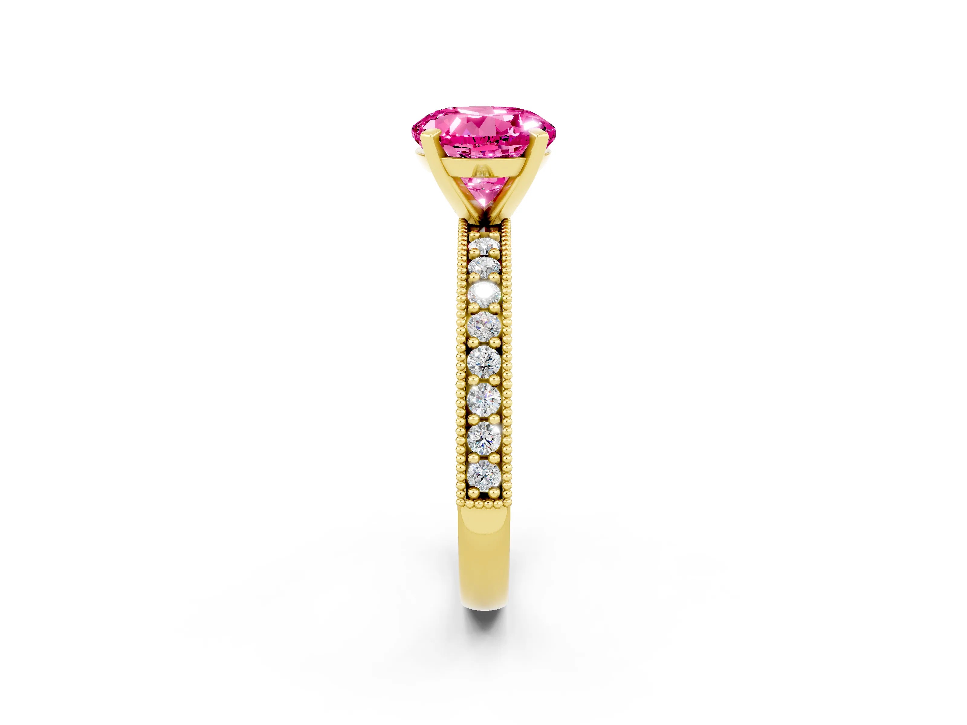 Yellow gold Round Cut Pink Sapphire Milgrain Pavé Engagement Ring with Four-Prong Setting_26