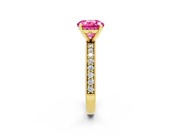 Yellow gold Round Cut Pink Sapphire Milgrain Pavé Engagement Ring with Four-Prong Setting