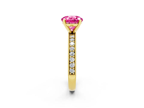 Yellow gold Round Cut Pink Sapphire Milgrain Pavé Engagement Ring with Four-Prong Setting_26