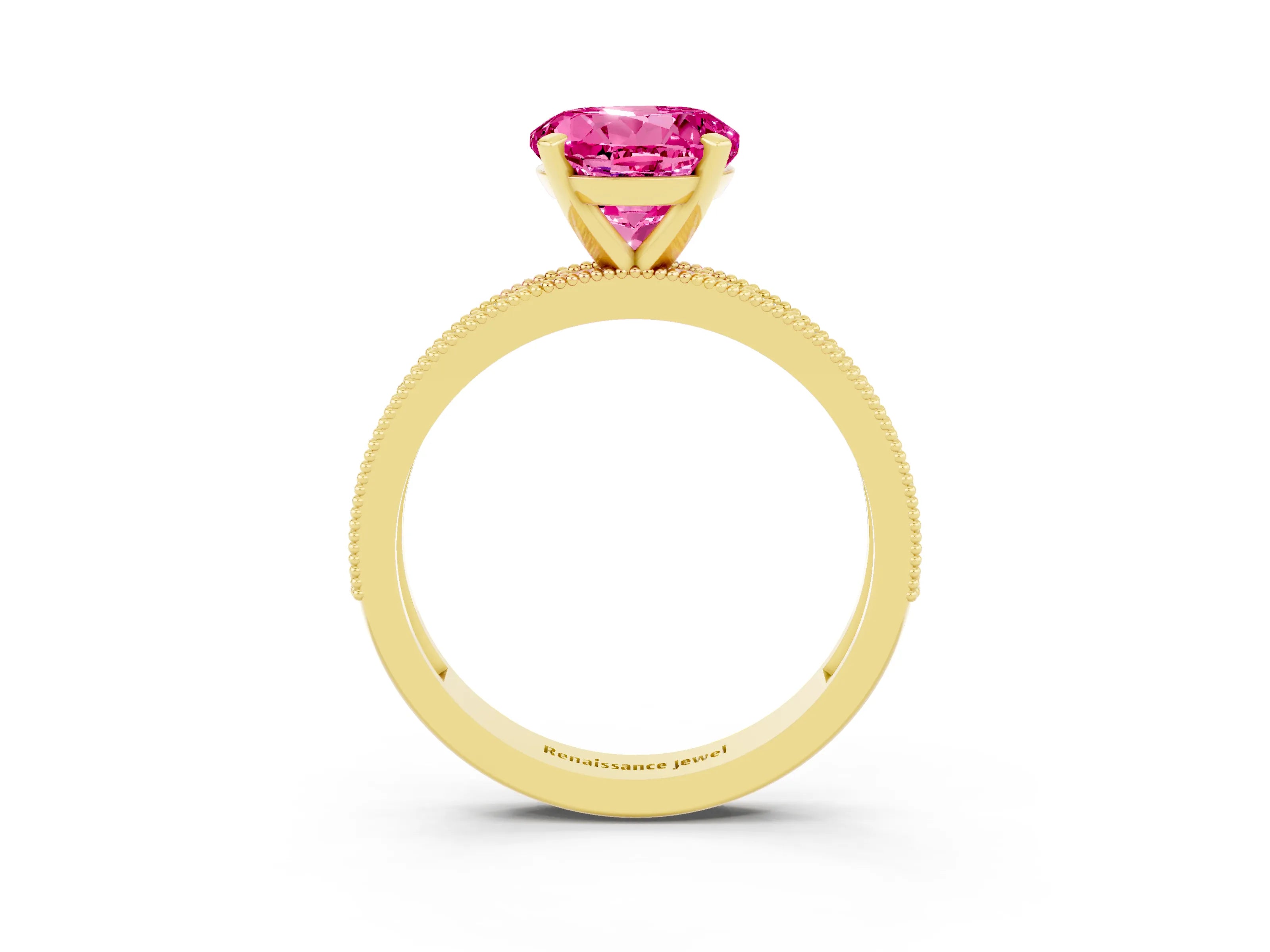 Yellow gold Round Cut Pink Sapphire Milgrain Pavé Engagement Ring with Four-Prong Setting_27
