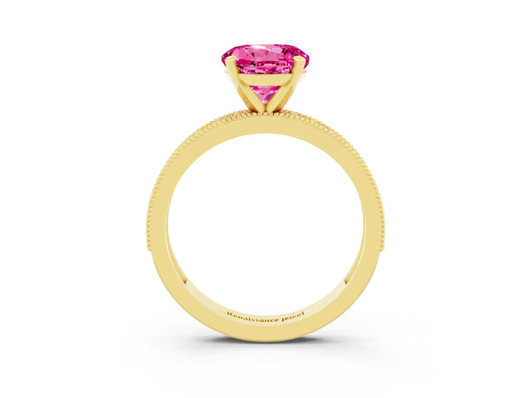 Yellow gold Round Cut Pink Sapphire Milgrain Pavé Engagement Ring with Four-Prong Setting