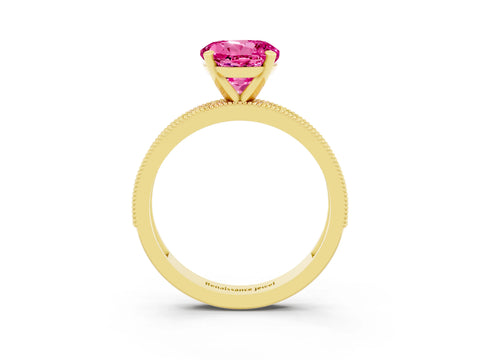 Yellow gold Round Cut Pink Sapphire Milgrain Pavé Engagement Ring with Four-Prong Setting_27