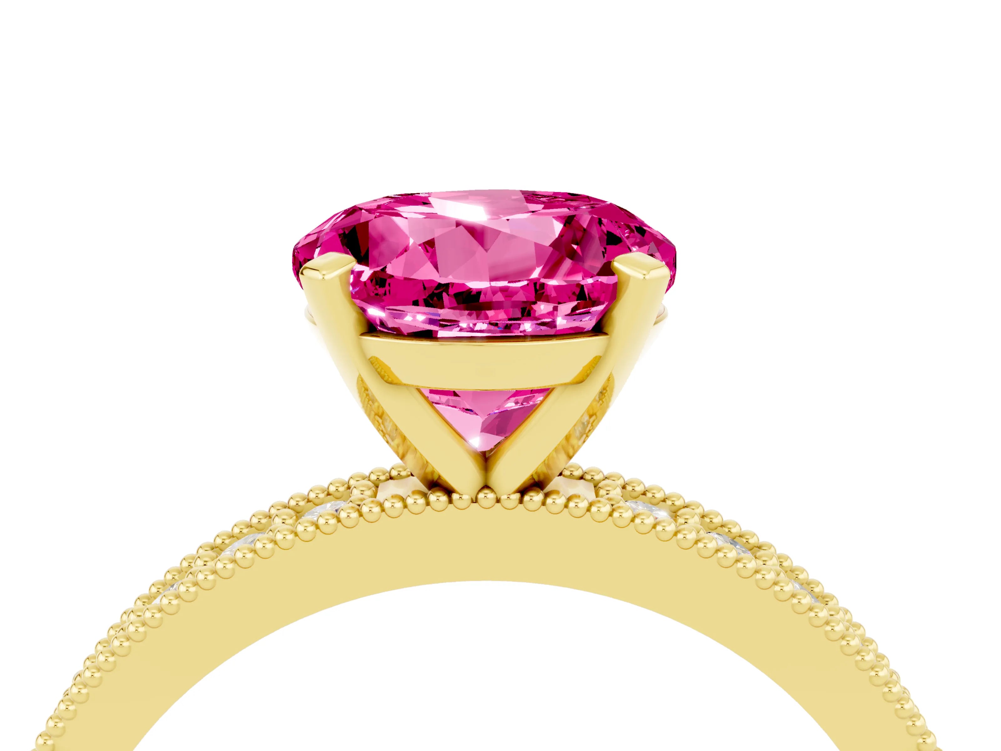 Yellow gold Round Cut Pink Sapphire Milgrain Pavé Engagement Ring with Four-Prong Setting_28