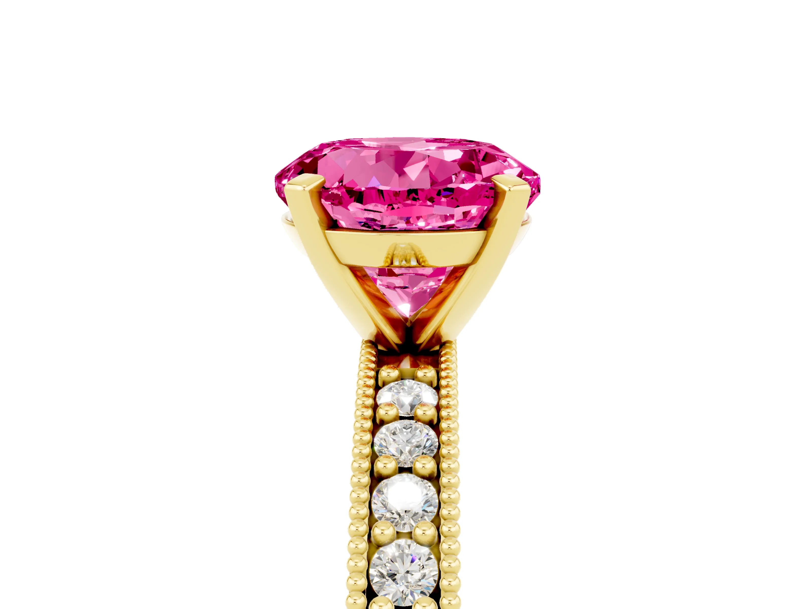 Yellow gold Round Cut Pink Sapphire Milgrain Pavé Engagement Ring with Four-Prong Setting_29