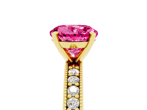 Yellow gold Round Cut Pink Sapphire Milgrain Pavé Engagement Ring with Four-Prong Setting_29
