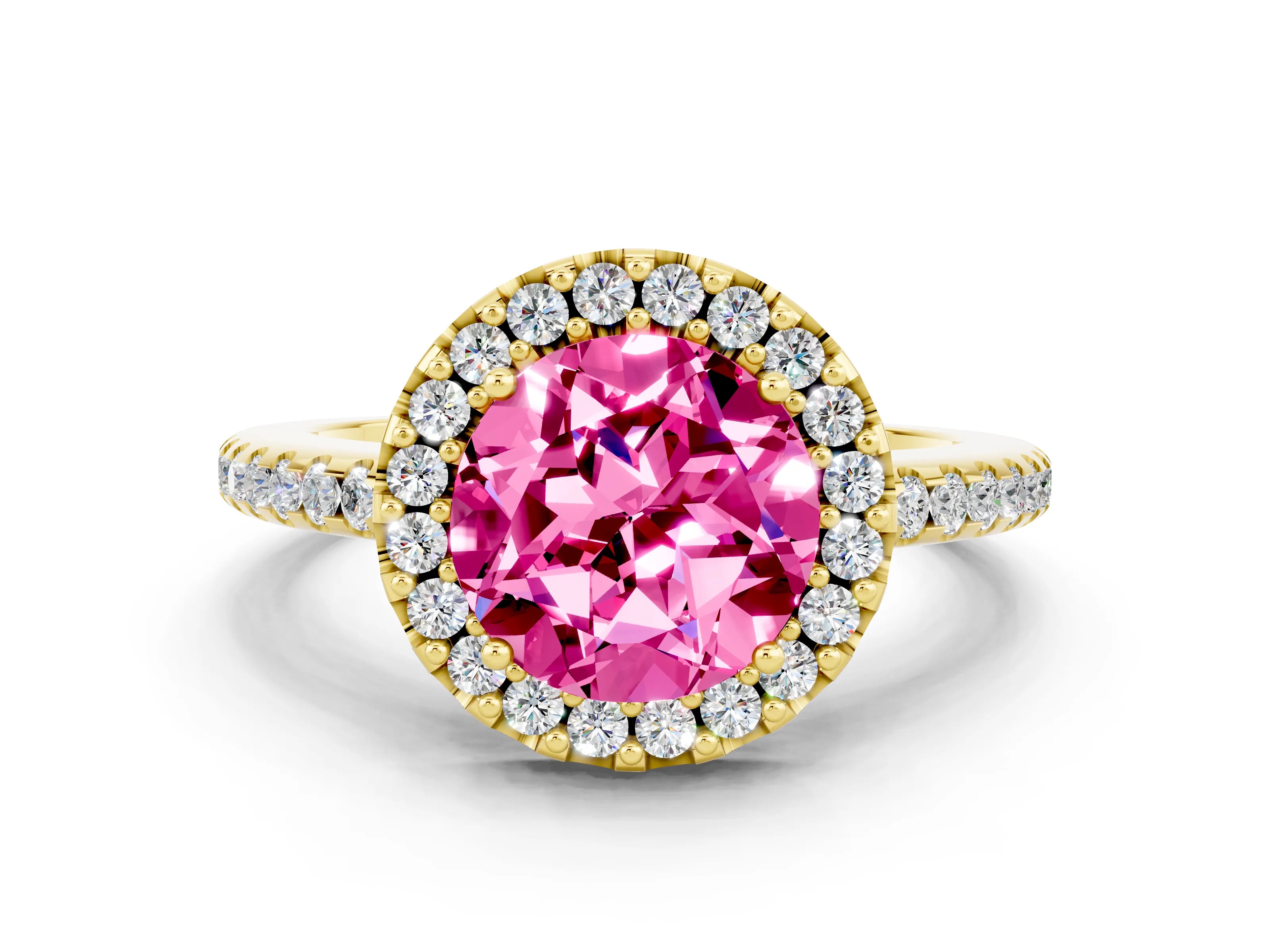 Yellow gold Round Cut Pink Sapphire Pavé Halo Ring with Four-Prong Setting_12