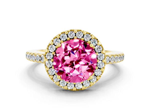 Yellow gold Round Cut Pink Sapphire Pavé Halo Ring with Four-Prong Setting