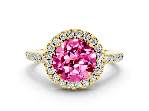 Yellow gold Round Cut Pink Sapphire Pavé Halo Ring with Four-Prong Setting_12