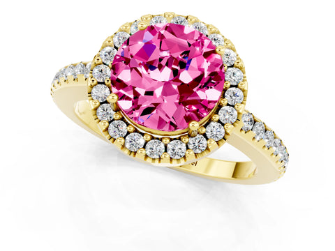 Yellow gold Round Cut Pink Sapphire Pavé Halo Ring with Four-Prong Setting_13