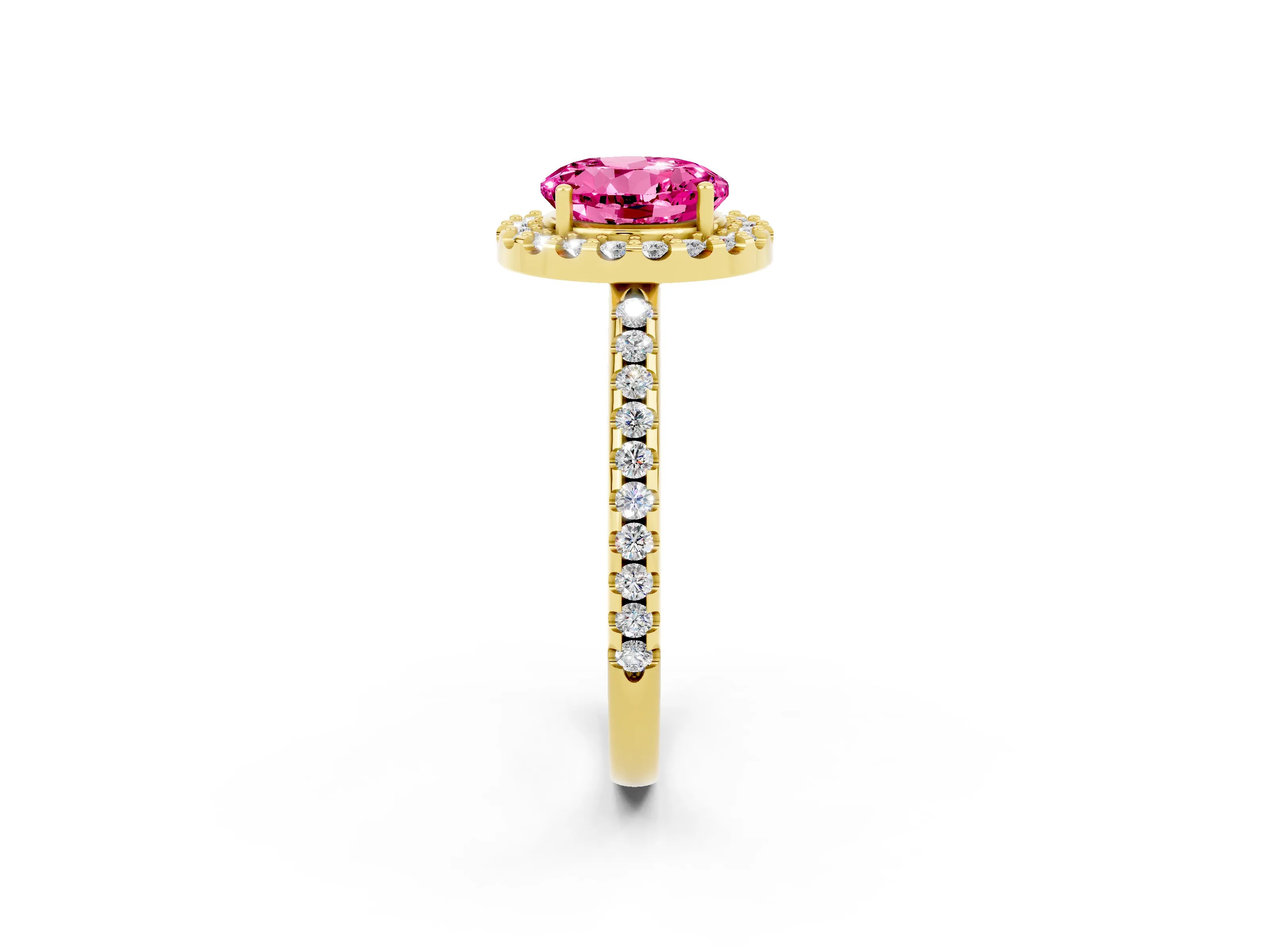 Yellow gold Round Cut Pink Sapphire Pavé Halo Ring with Four-Prong Setting_14