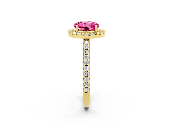 Yellow gold Round Cut Pink Sapphire Pavé Halo Ring with Four-Prong Setting