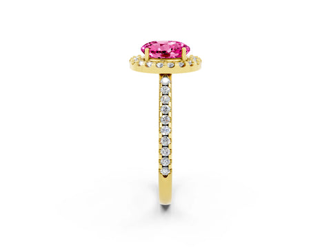 Yellow gold Round Cut Pink Sapphire Pavé Halo Ring with Four-Prong Setting_14