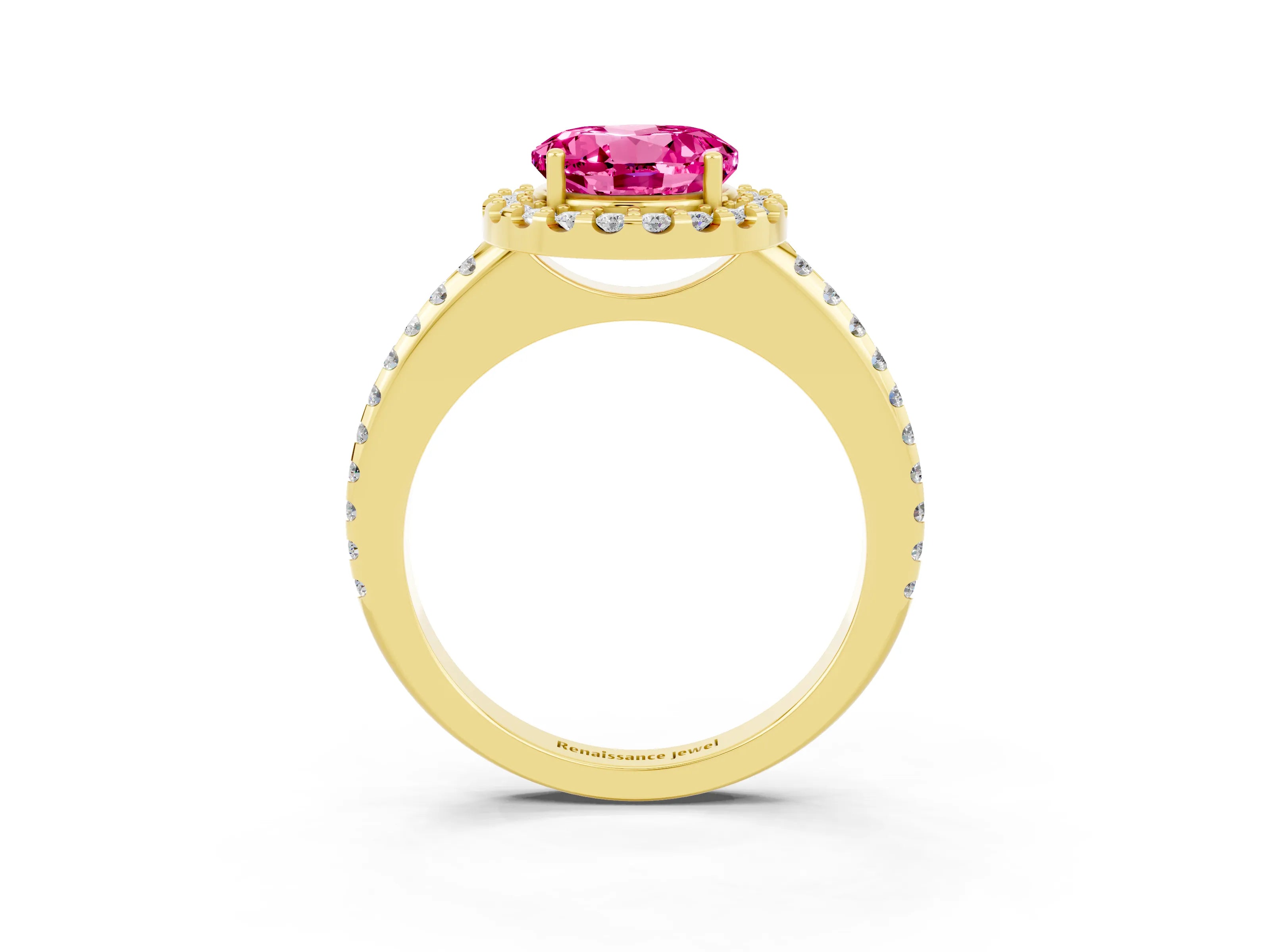 Yellow gold Round Cut Pink Sapphire Pavé Halo Ring with Four-Prong Setting_15