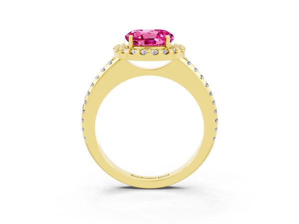 Yellow gold Round Cut Pink Sapphire Pavé Halo Ring with Four-Prong Setting