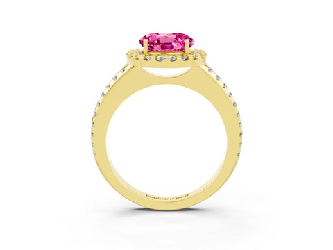 Yellow gold Round Cut Pink Sapphire Pavé Halo Ring with Four-Prong Setting_15
