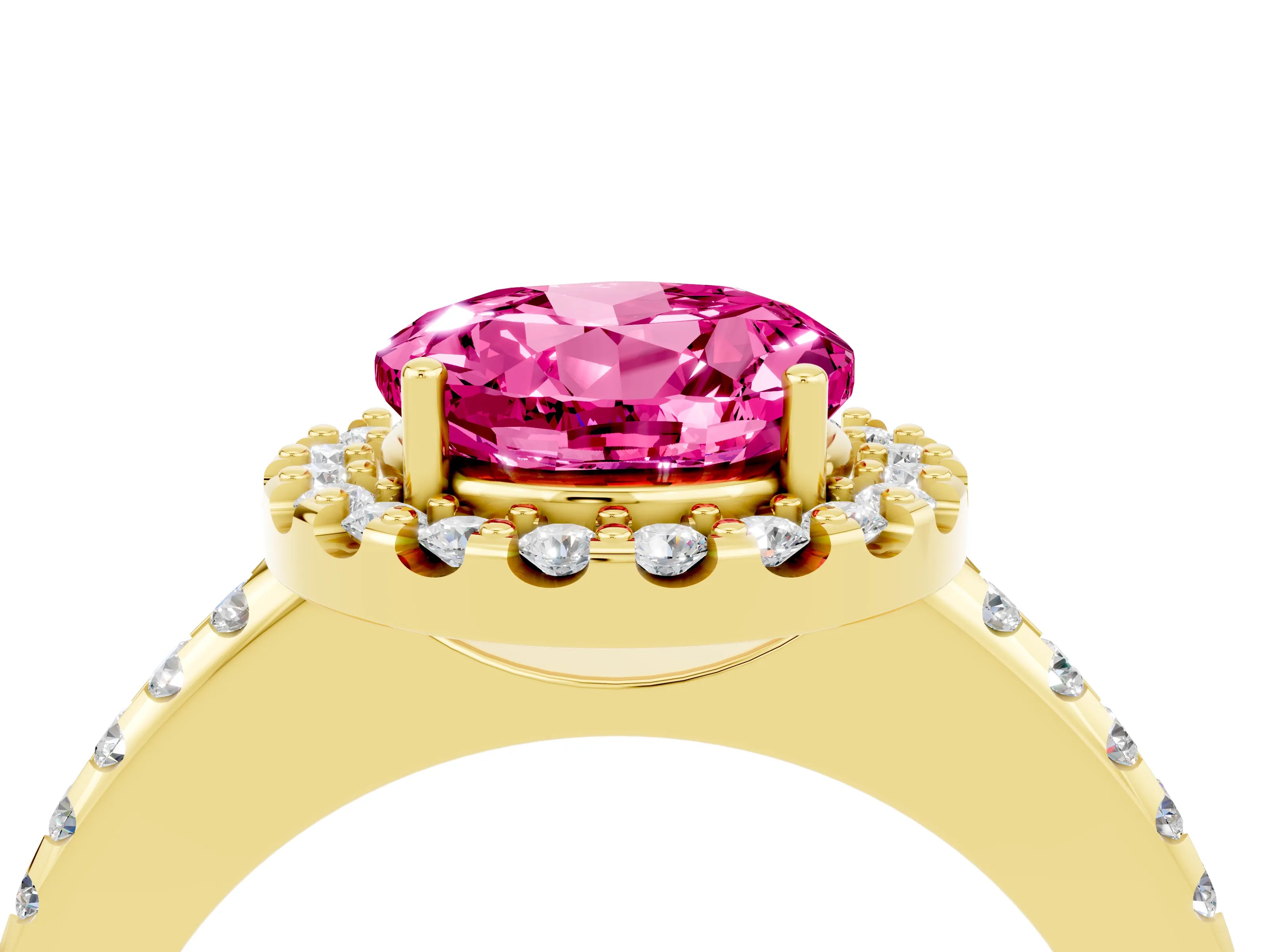 Yellow gold Round Cut Pink Sapphire Pavé Halo Ring with Four-Prong Setting_16