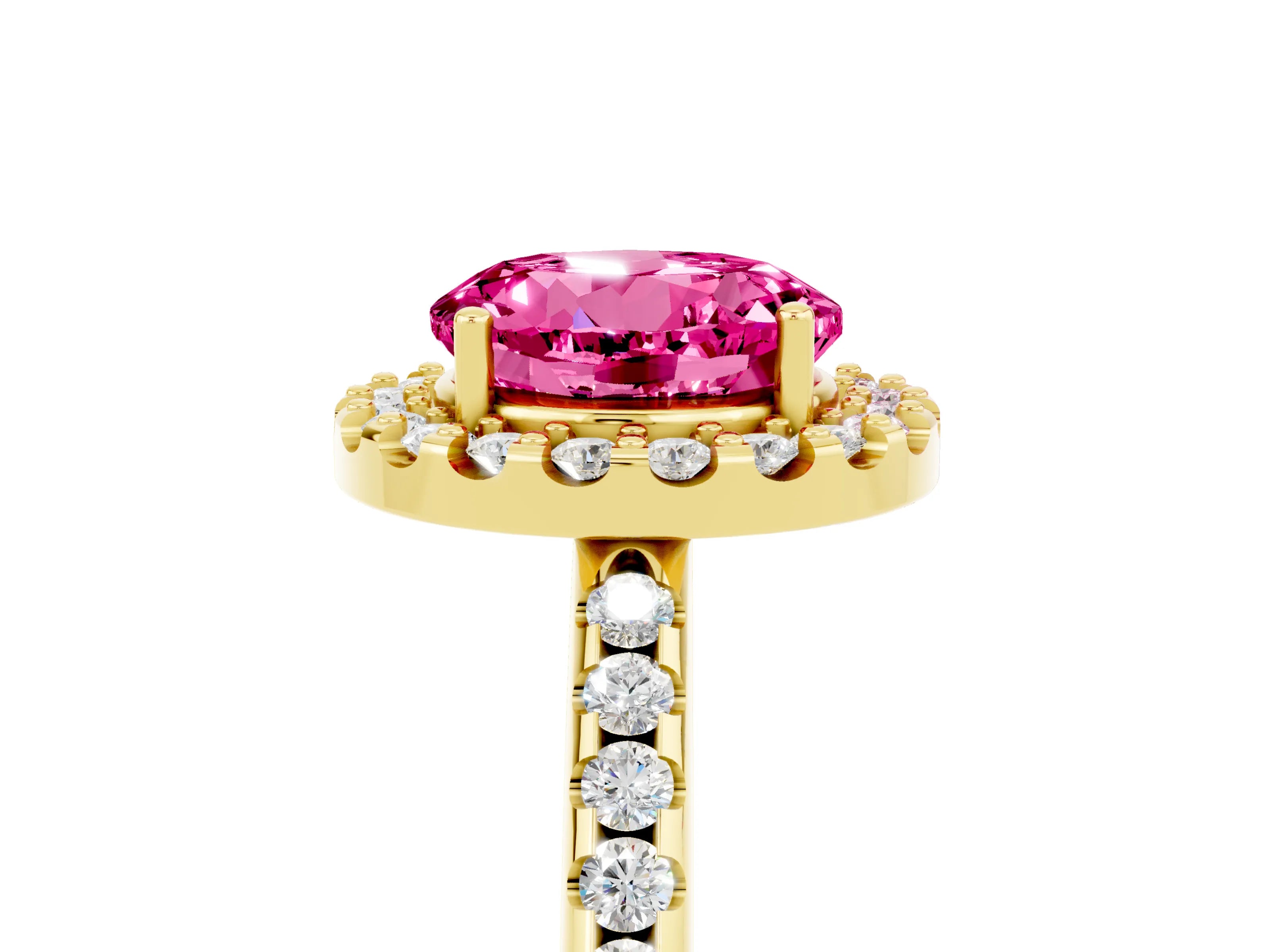 Yellow gold Round Cut Pink Sapphire Pavé Halo Ring with Four-Prong Setting_17