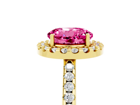 Yellow gold Round Cut Pink Sapphire Pavé Halo Ring with Four-Prong Setting_17