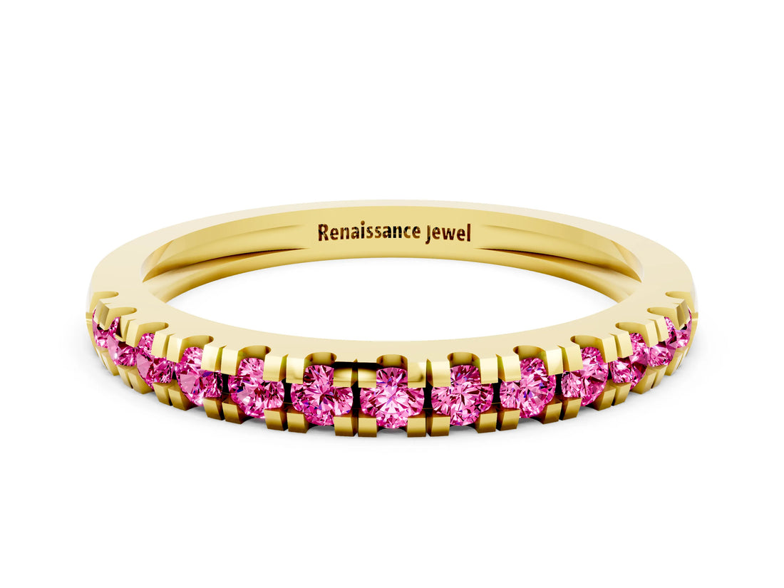 Yellow gold Round Cut Pink Sapphire Pavé Set Thin Band