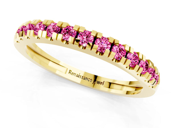Yellow Gold Round Lab-Grown Pink Sapphire Thin Pave Half Eternity Wedding Band
