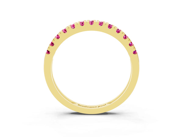 Yellow Gold Round Lab-Grown Pink Sapphire Thin Pave Half Eternity Wedding Band