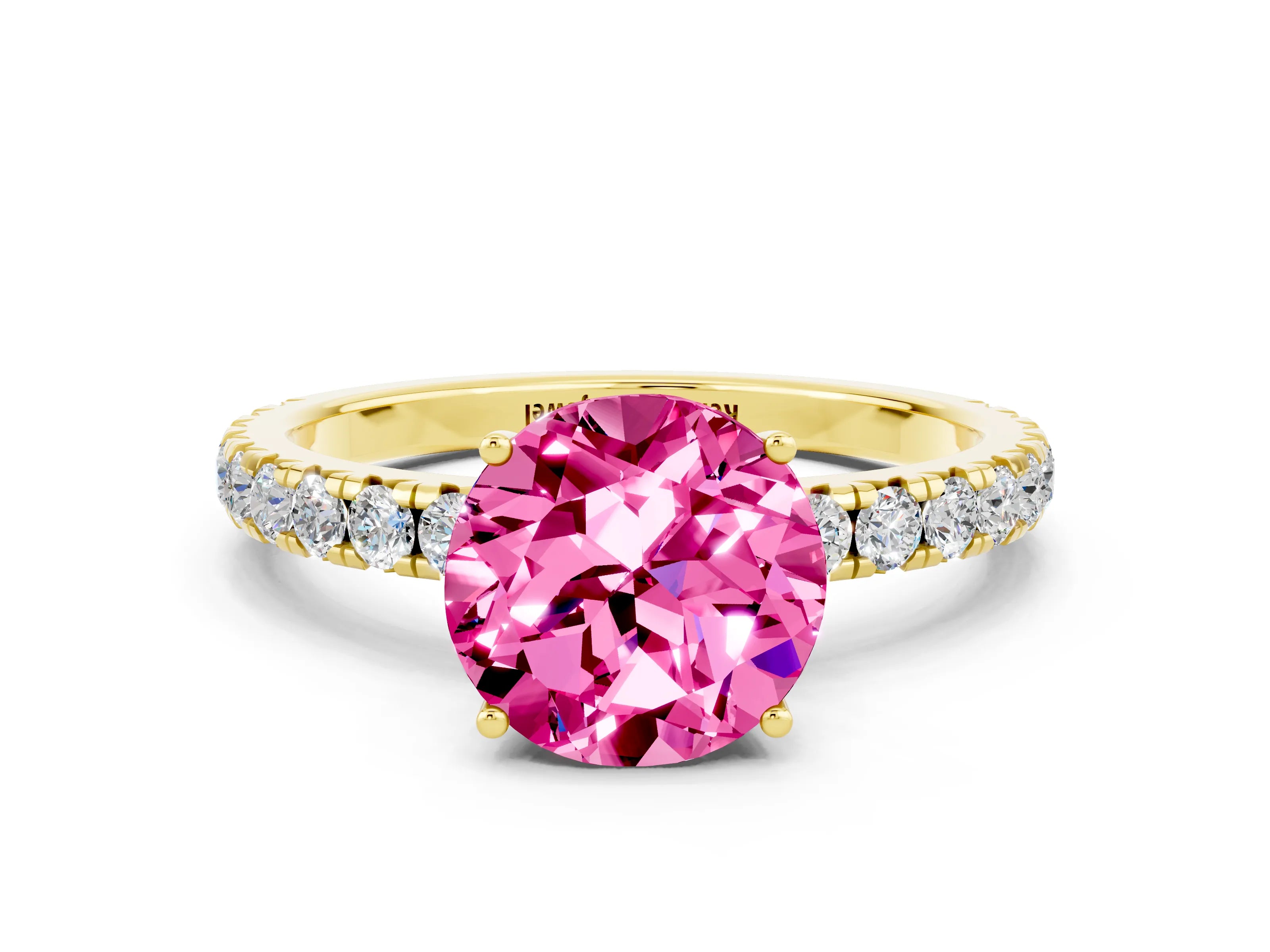 Yellow gold Round Cut Pink Sapphire Pavé Solitaire Engagement Ring with Four-Prong Setting_12