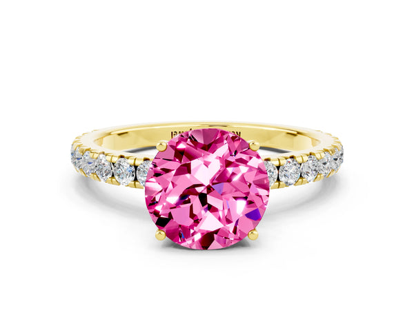 Yellow gold Round Cut Pink Sapphire Pavé Solitaire Engagement Ring with Four-Prong Setting