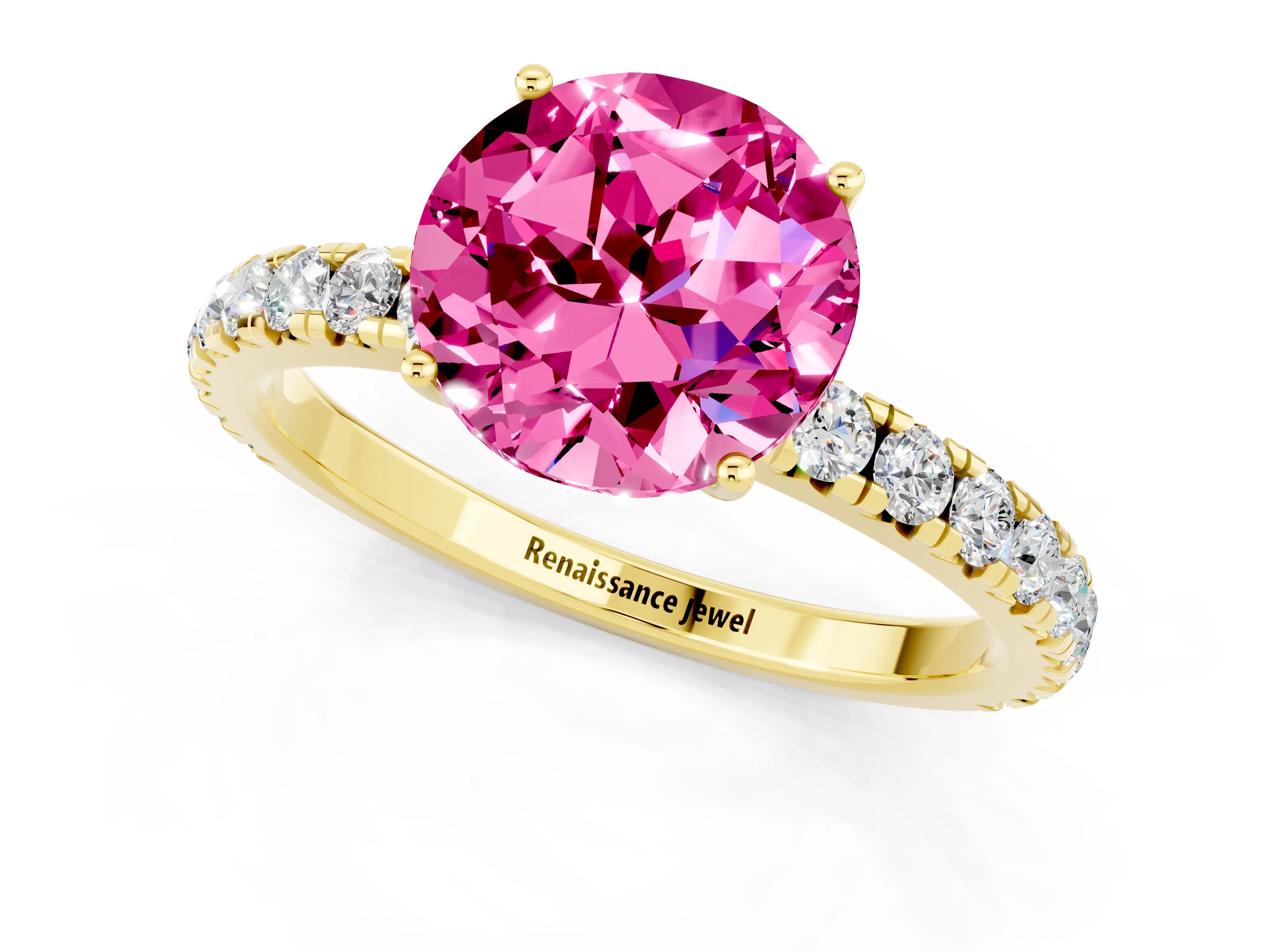 Yellow gold Round Cut Pink Sapphire Pavé Solitaire Engagement Ring with Four-Prong Setting_13