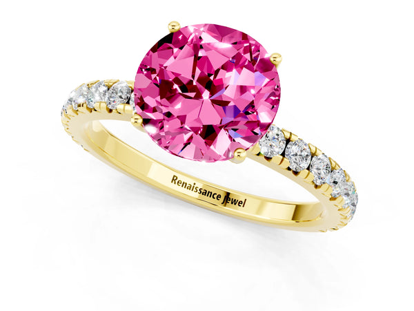 Yellow gold Round Cut Pink Sapphire Pavé Solitaire Engagement Ring with Four-Prong Setting