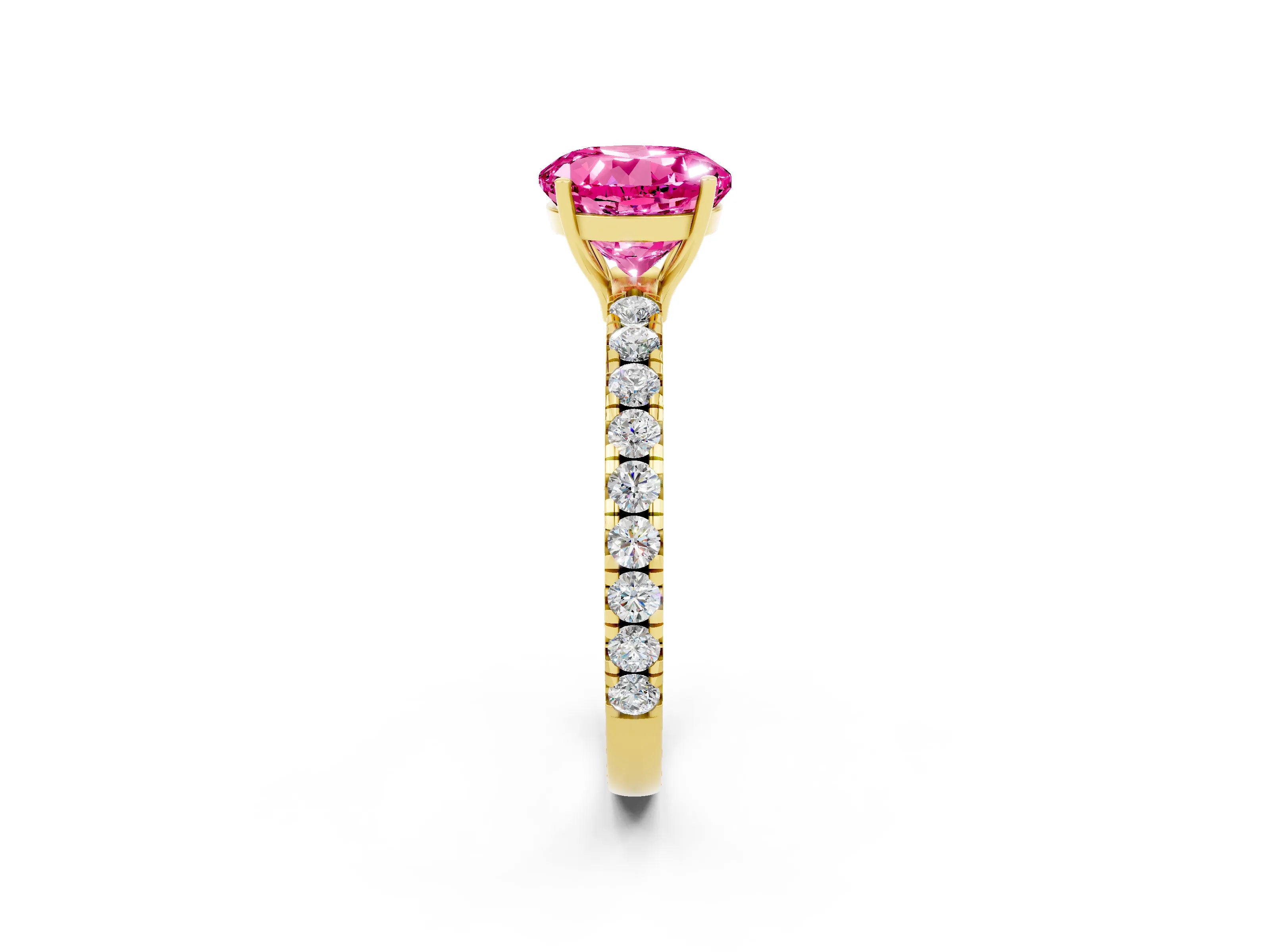 Yellow gold Round Cut Pink Sapphire Pavé Solitaire Engagement Ring with Four-Prong Setting_14