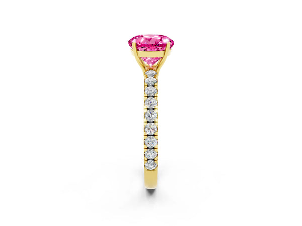 Yellow gold Round Cut Pink Sapphire Pavé Solitaire Engagement Ring with Four-Prong Setting