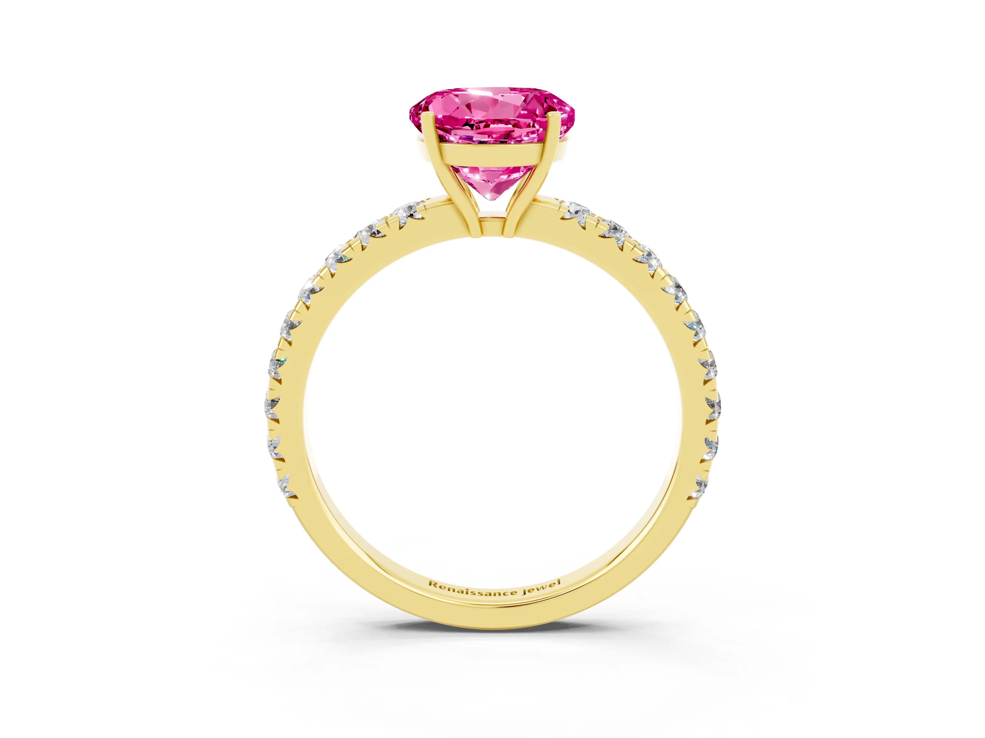 Yellow gold Round Cut Pink Sapphire Pavé Solitaire Engagement Ring with Four-Prong Setting_15