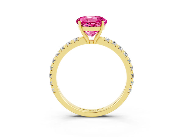 Yellow gold Round Cut Pink Sapphire Pavé Solitaire Engagement Ring with Four-Prong Setting