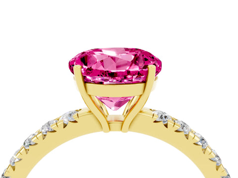 Yellow gold Round Cut Pink Sapphire Pavé Solitaire Engagement Ring with Four-Prong Setting_16