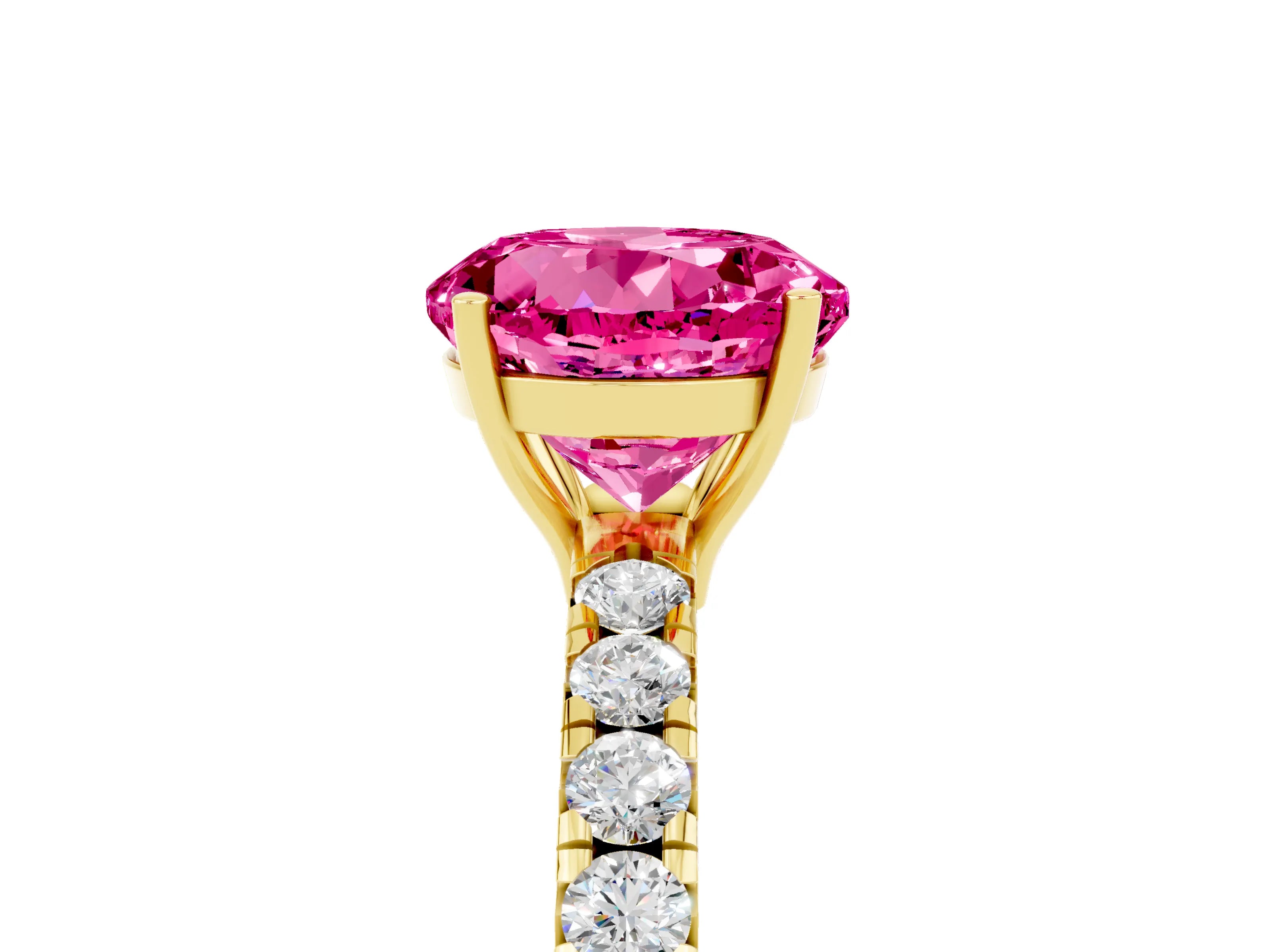 Yellow gold Round Cut Pink Sapphire Pavé Solitaire Engagement Ring with Four-Prong Setting_17