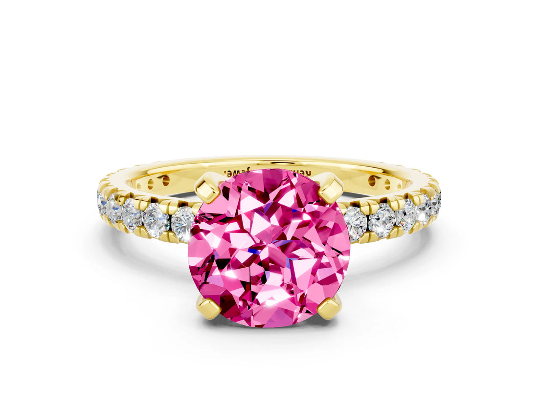 Yellow gold Round Cut Pink Sapphire Pavé Solitaire Ring with Round Band and Prong Setting_12