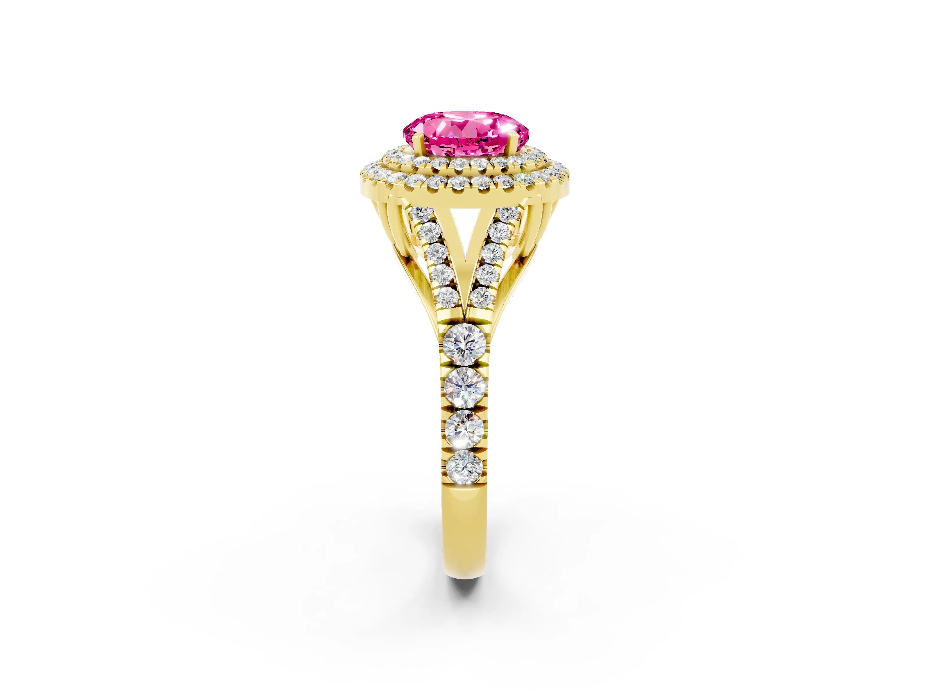 Yellow gold Round Cut Pink Sapphire Pavé Split Shank Double Halo Engagement Ring_2