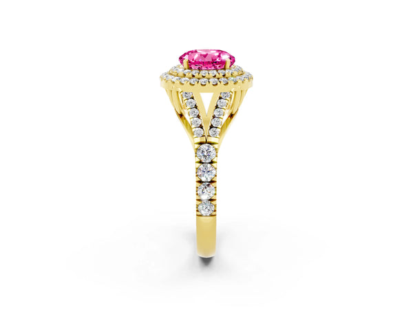 Yellow gold Round Cut Pink Sapphire Pavé Split Shank Double Halo Engagement Ring