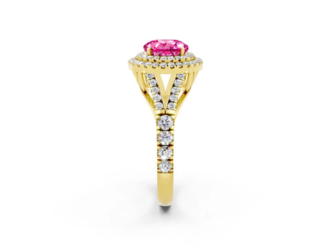 Yellow gold Round Cut Pink Sapphire Pavé Split Shank Double Halo Engagement Ring_2