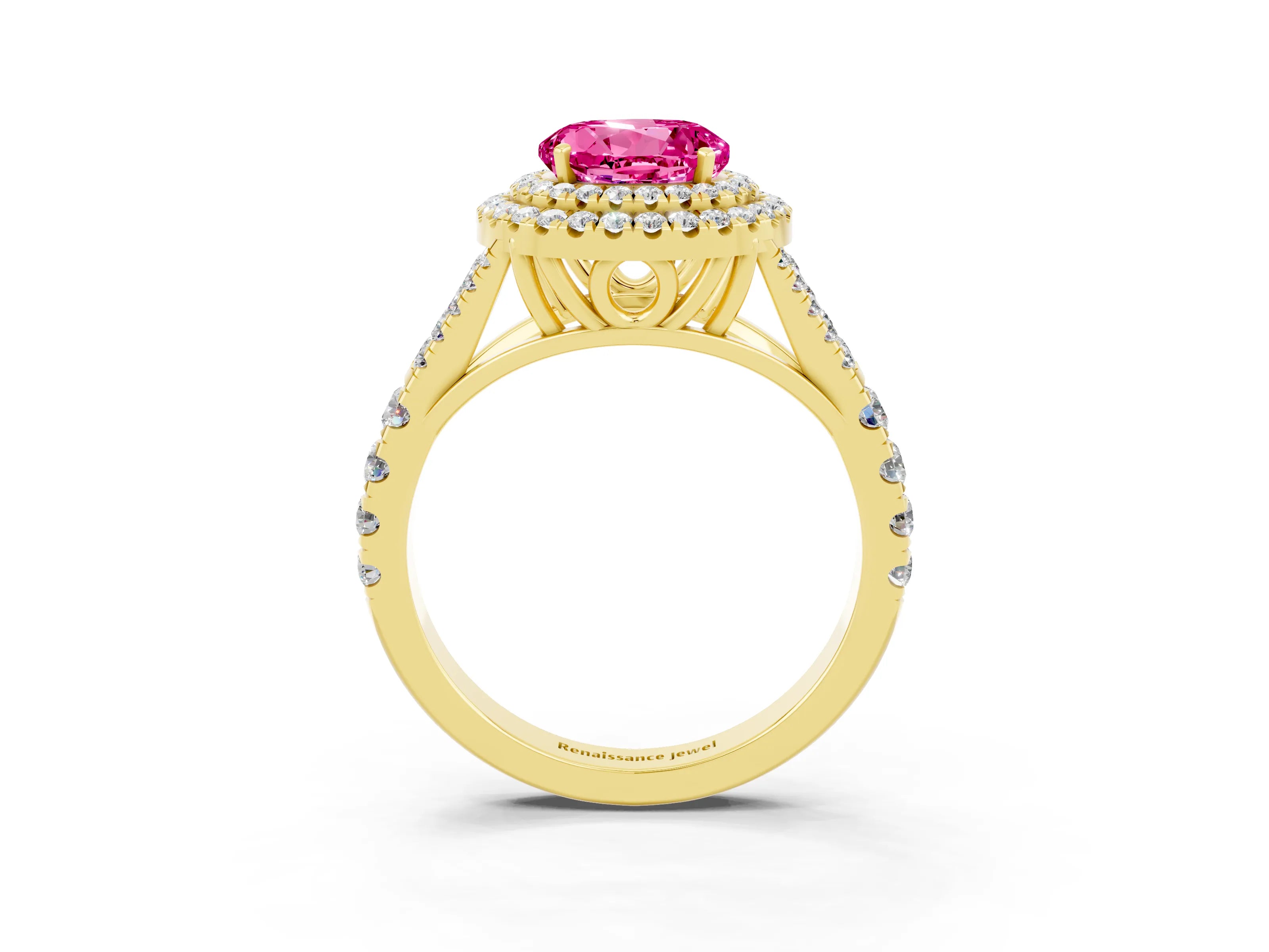 Yellow gold Round Cut Pink Sapphire Pavé Split Shank Double Halo Engagement Ring_3