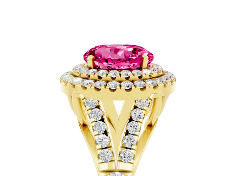 Yellow gold Round Cut Pink Sapphire Pavé Split Shank Double Halo Engagement Ring_5
