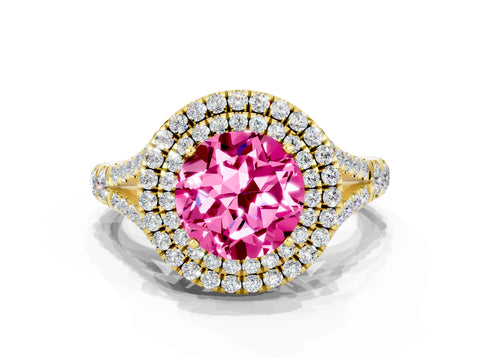 Yellow gold Round Cut Pink Sapphire Pavé Split Shank Double Halo Engagement Ring