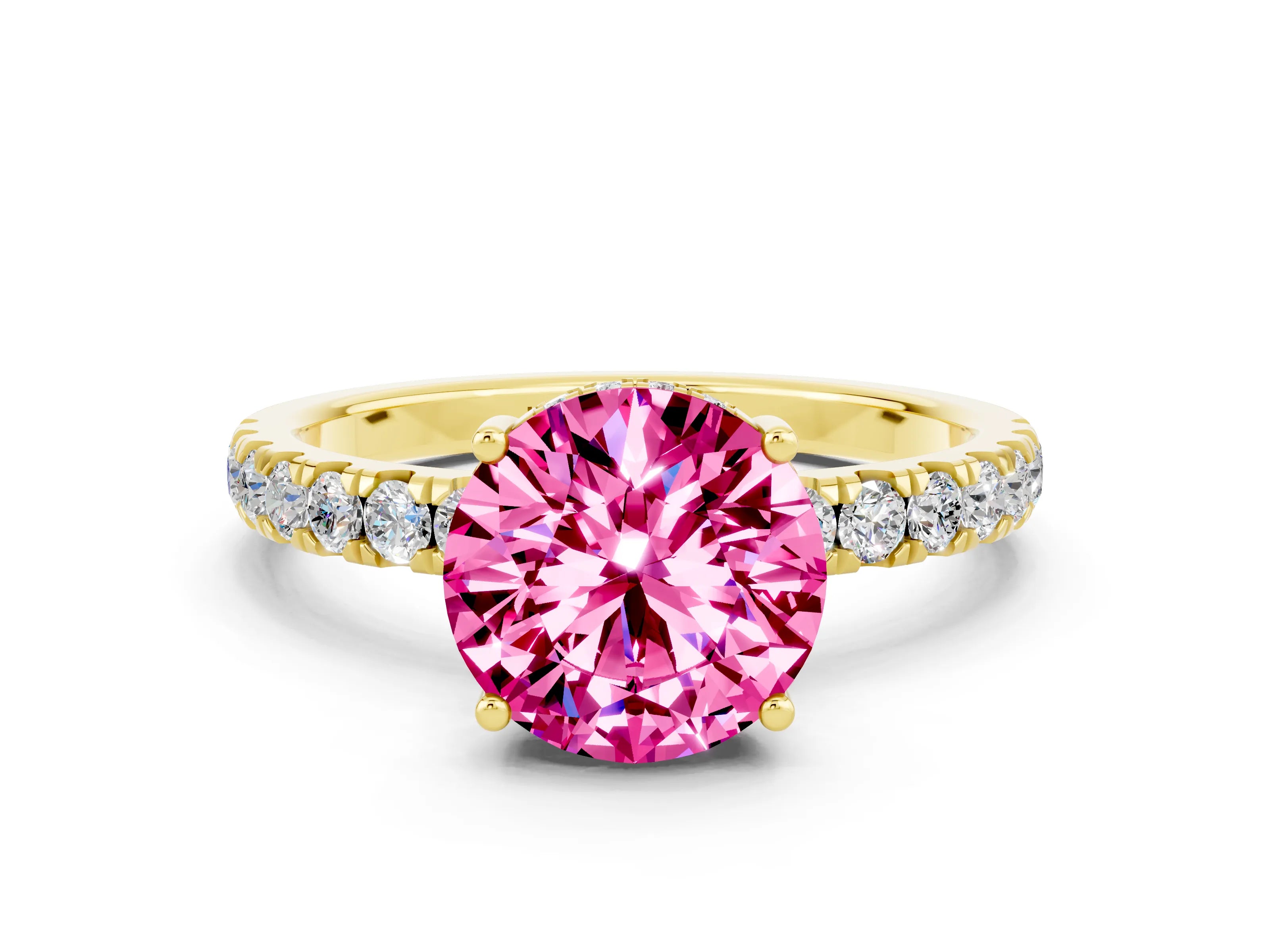 Yellow gold Round Cut Pink Sapphire Pave Band Solitaire Ring with Four-Prong Setting_60