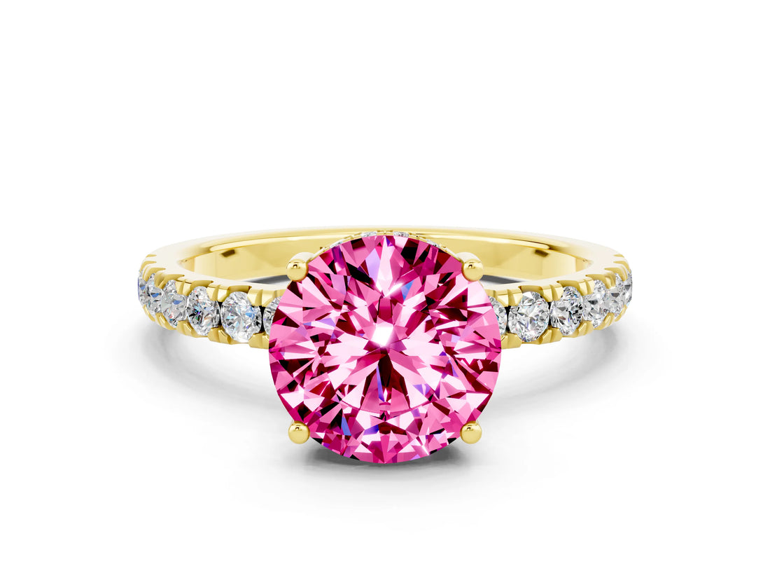 Yellow gold Round Cut Pink Sapphire Pave Band Solitaire Ring with Four-Prong Setting_60