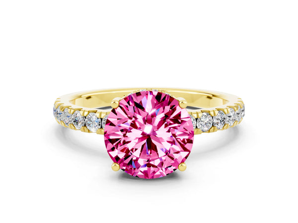 Yellow gold Round Cut Pink Sapphire Pave Band Solitaire Ring with Round  and Prong Setting
