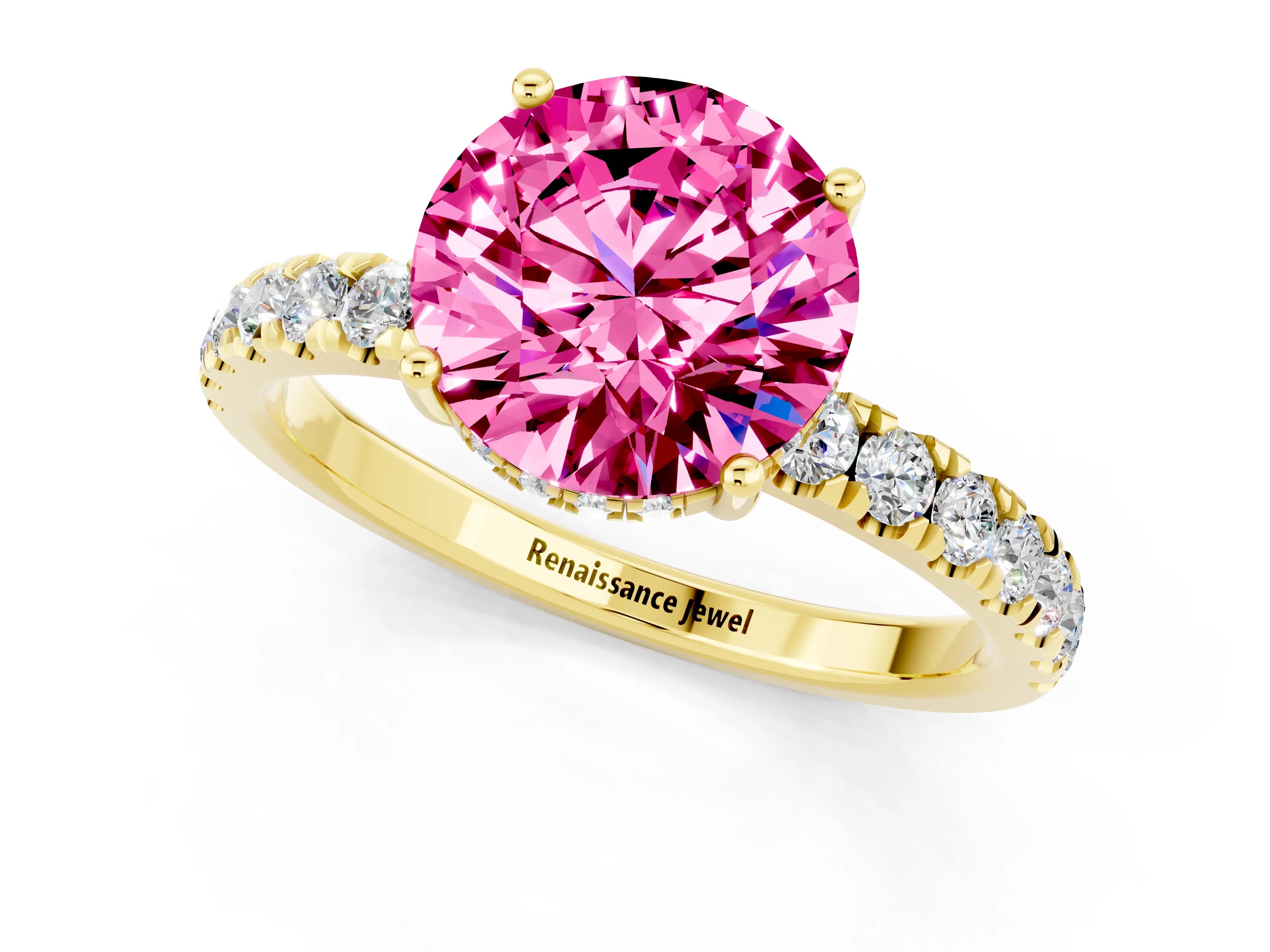 Yellow gold Round Cut Pink Sapphire Pave Band Solitaire Ring with Four-Prong Setting_61
